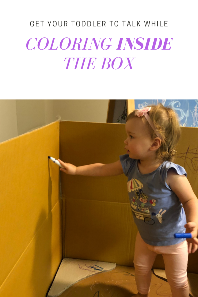 Coloring inside a box - they are happy and contained! How to get your toddler to talk using coloring and sticker activities. Easy tips for parents for speech therapy at home #latetalker #speechtherapy #speechtherapyathome #languagedevelopment #earlyintervention