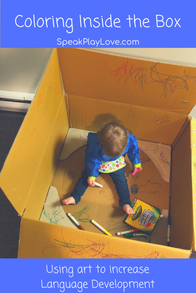 Throw some crayons in a box with your toddler = instant activity. Plus, learn how to get your toddler to talk using coloring and sticker activities. #speakplaylove #languagedevelopment #earlylearning #toddleractivities #speechtherapy #speechtherapyactivities #artsandcrafts 