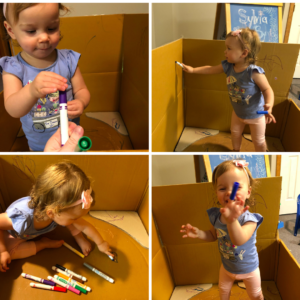 Images of toddler coloring inside a box