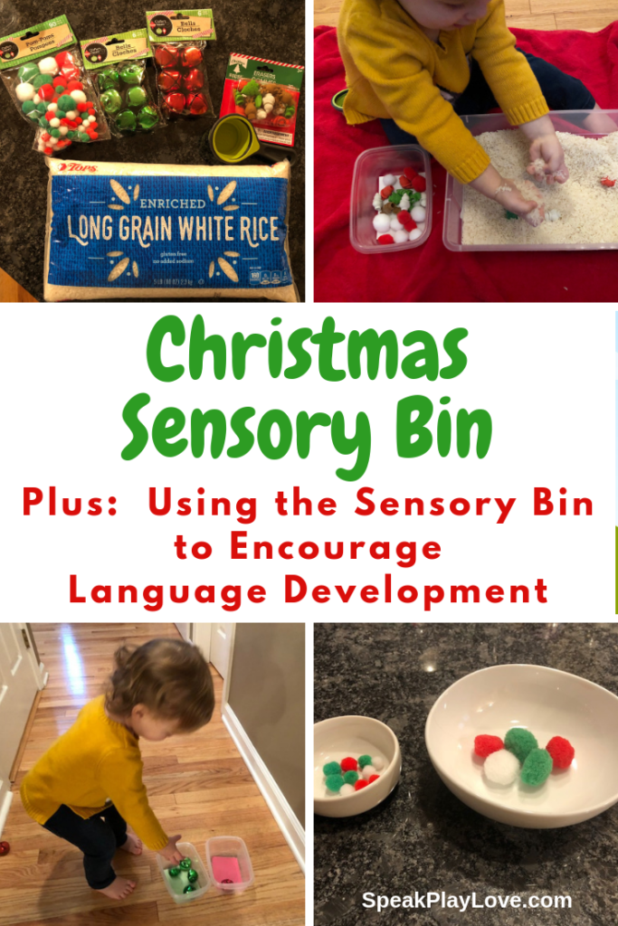 Christmas Sensory Bin idea plus tips for encouraging language development in toddlers and preschoolers. #speakplaylove #earlylearning #christmassensorybin #sensoryactivities #sensorybin #toddleractivities #preschoolactivities #speechtherapy