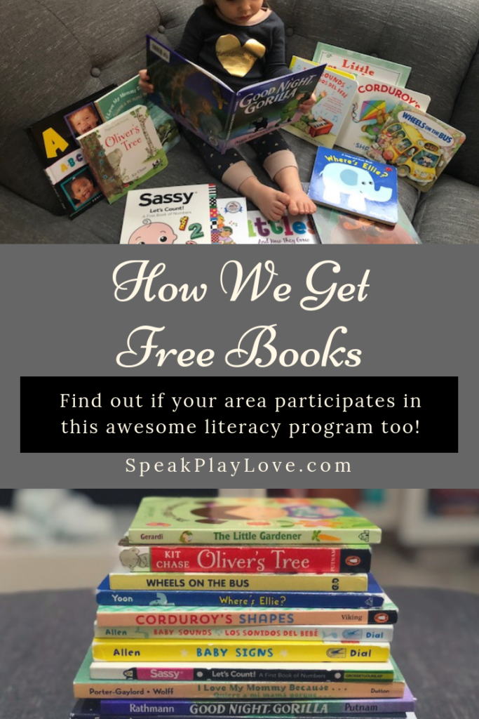 Find out how we get free children's books sent to our house through a great literacy program. It's available in select areas - find out if your area participates! #speakplaylove #toddlerbooks #preschoolbooks #earlyliteracy #kidlit #picturebooks #earlylearning #speechtherapy