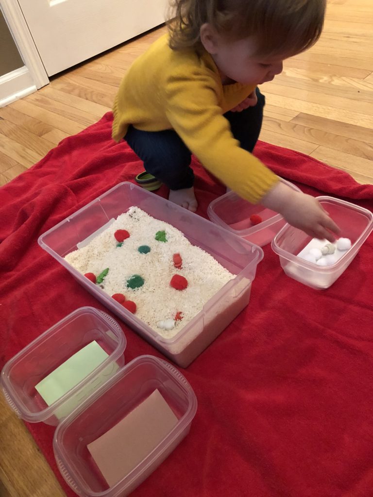 Christmas sensory bin sorting