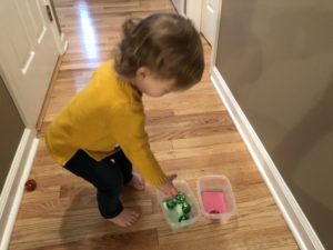 Toddler Sorting Jingle Bells by color