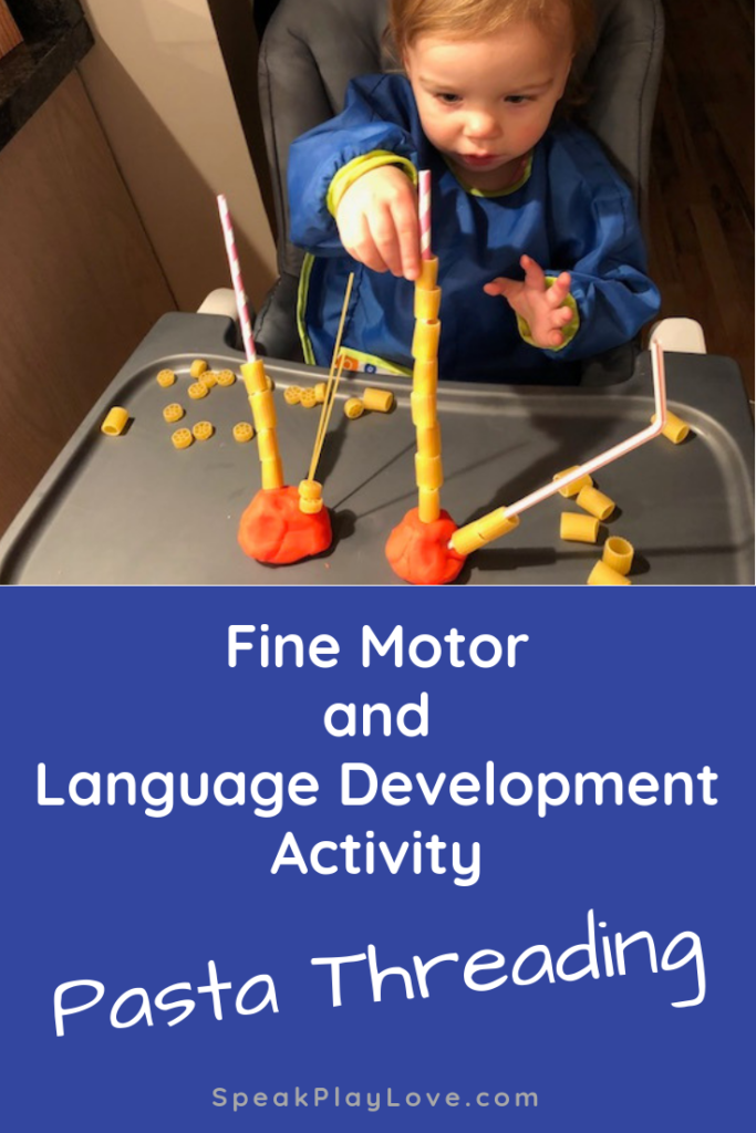 Pasta Threading is a great toddler and preschool activity for fine motor and language development. #speakplaylove #languagedevelopment #finemotor #toddleractivities #preschoolactivities #earlylearning #speechtherapy