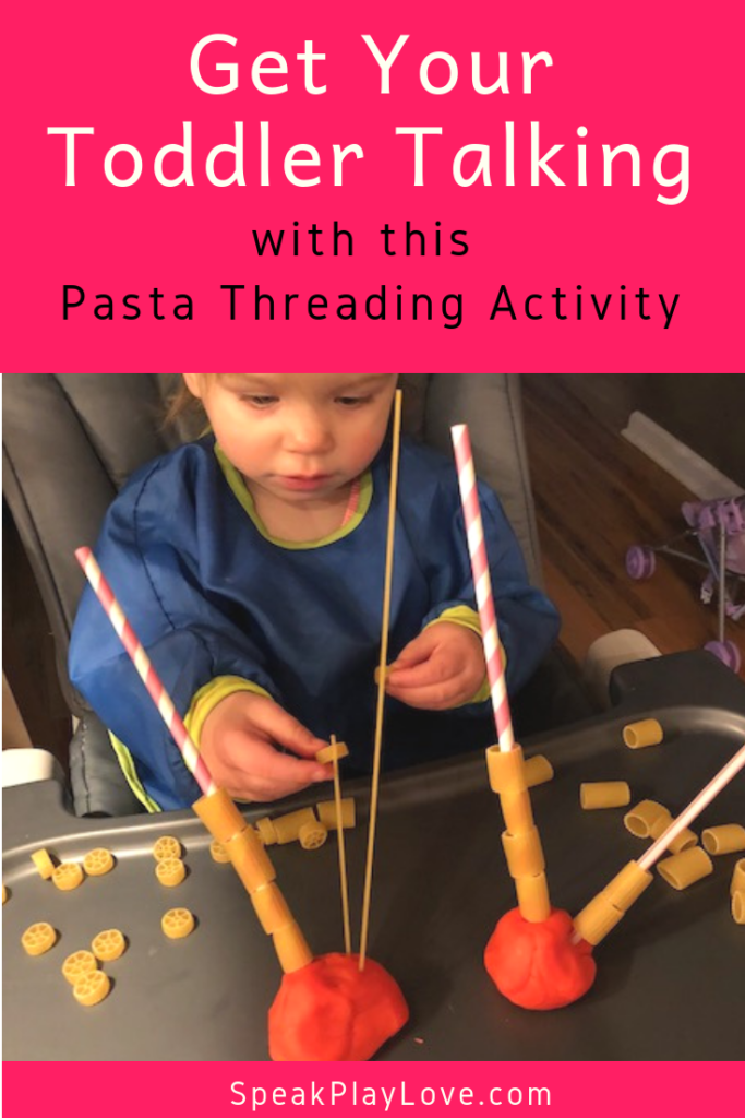 Fine motor and language development activity with pasta threading. A great activity for toddlers and preschoolers. #speakplaylove #languagedevelopment #speachtherapy #finemotor #toddleractivity #preschoolactivity #earlylearning