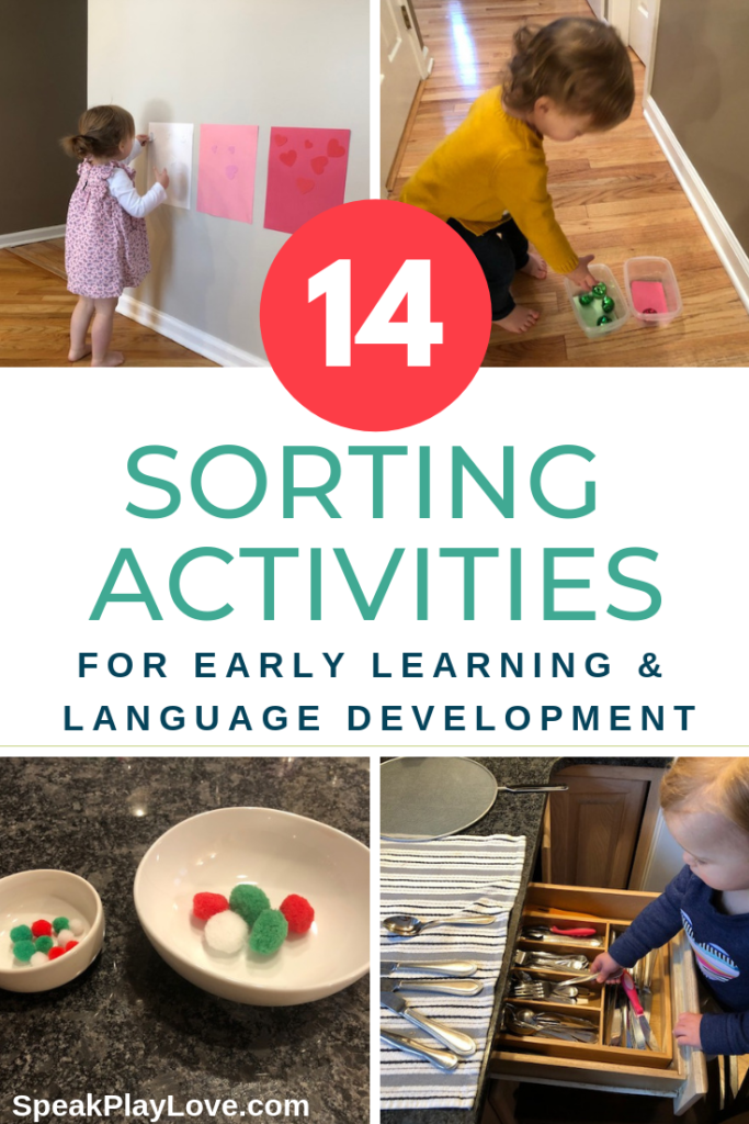 Sorting and classifying activities for preschoolers and toddlers. Includes color sorting, sorting with chores, and sorting by size. #speakplaylove #earlychildhood #languagedevelopment #toddleractivities