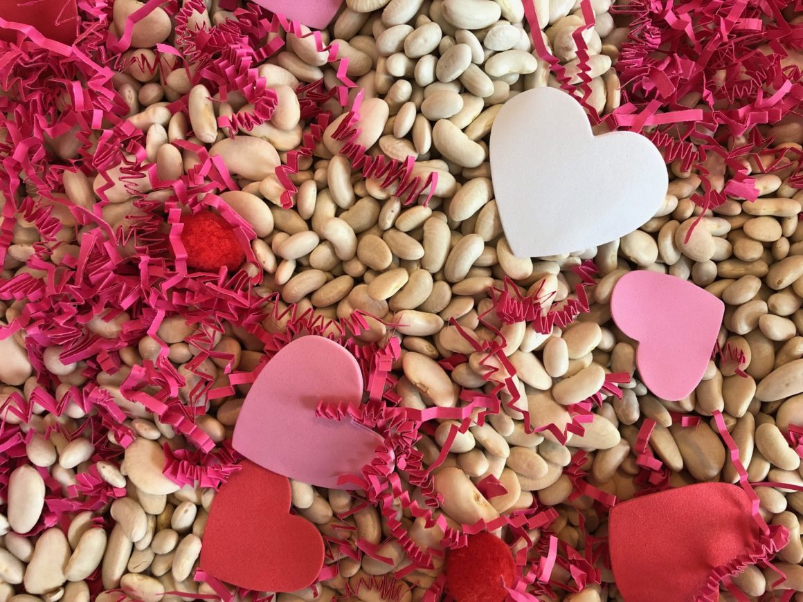 Valentine's Day sensory bin close up