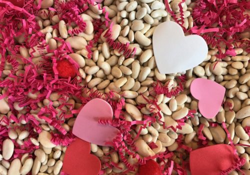 Valentine's Day sensory bin close up